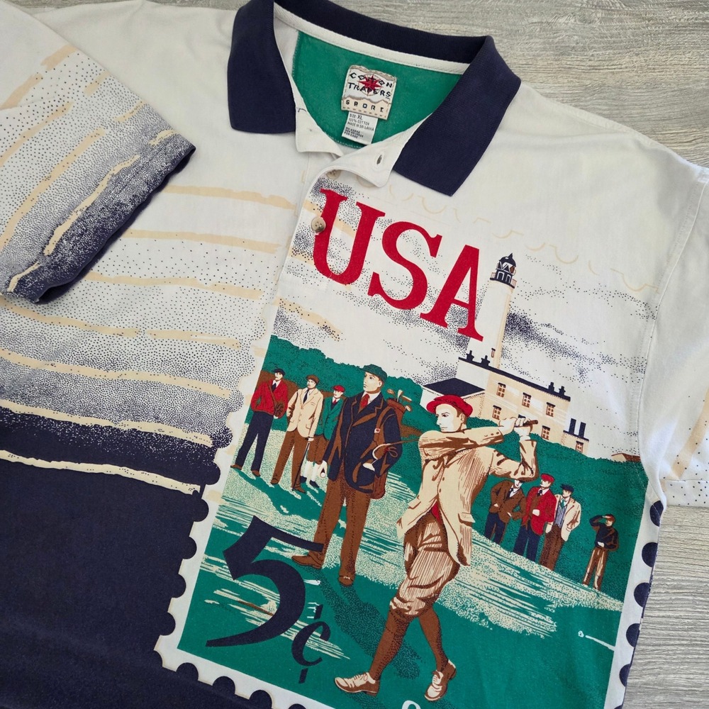 Cotton Traders Polo Shirt Navy Blue USA Golf 1921 Stamp Graphic Mens XL